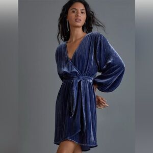 Anthropologie Sofia Navy Blue Velvet Wrap Mini Dress – Size XS